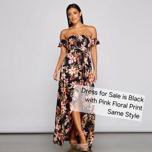 Windsor Tropical Sunsets Black Pink & Blue Floral Print Off Shoulder Maxi Dress